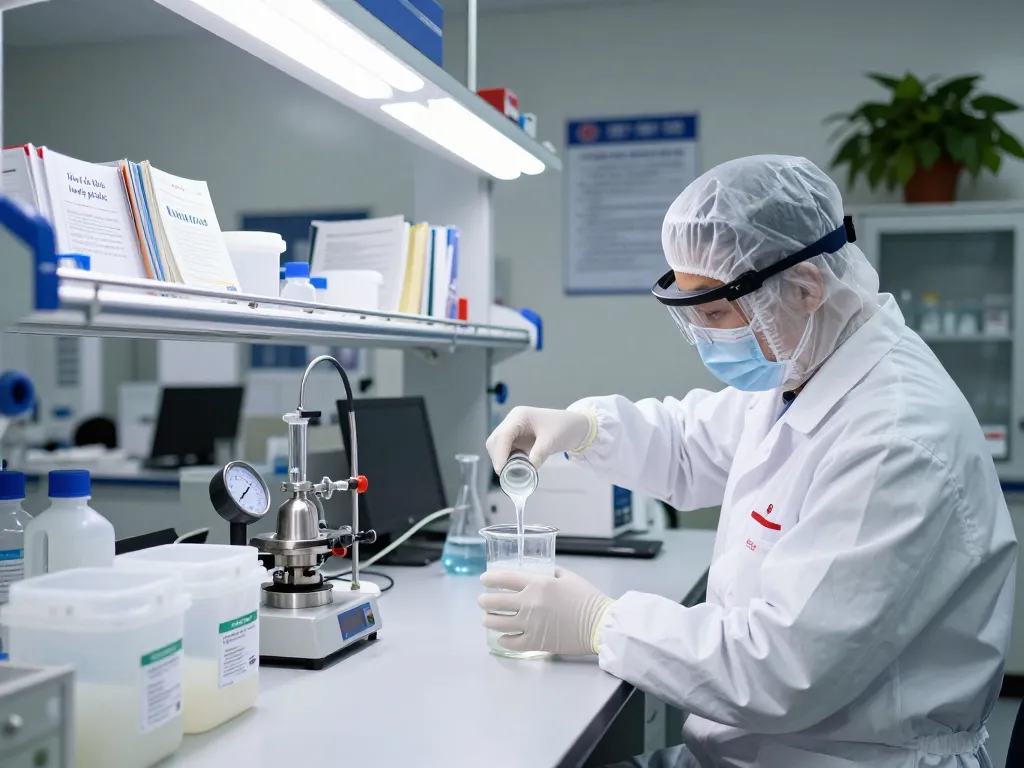 Technician using Hóa chất bóc lớp ép plastic in a clean laboratory with precise equipment and safety gear.