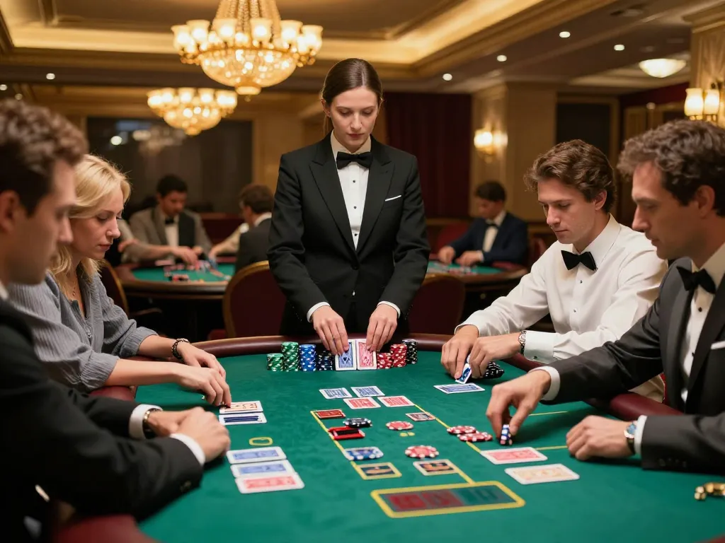 KJC players strategizing at a high-stakes blackjack table in a luxurious casino environment.