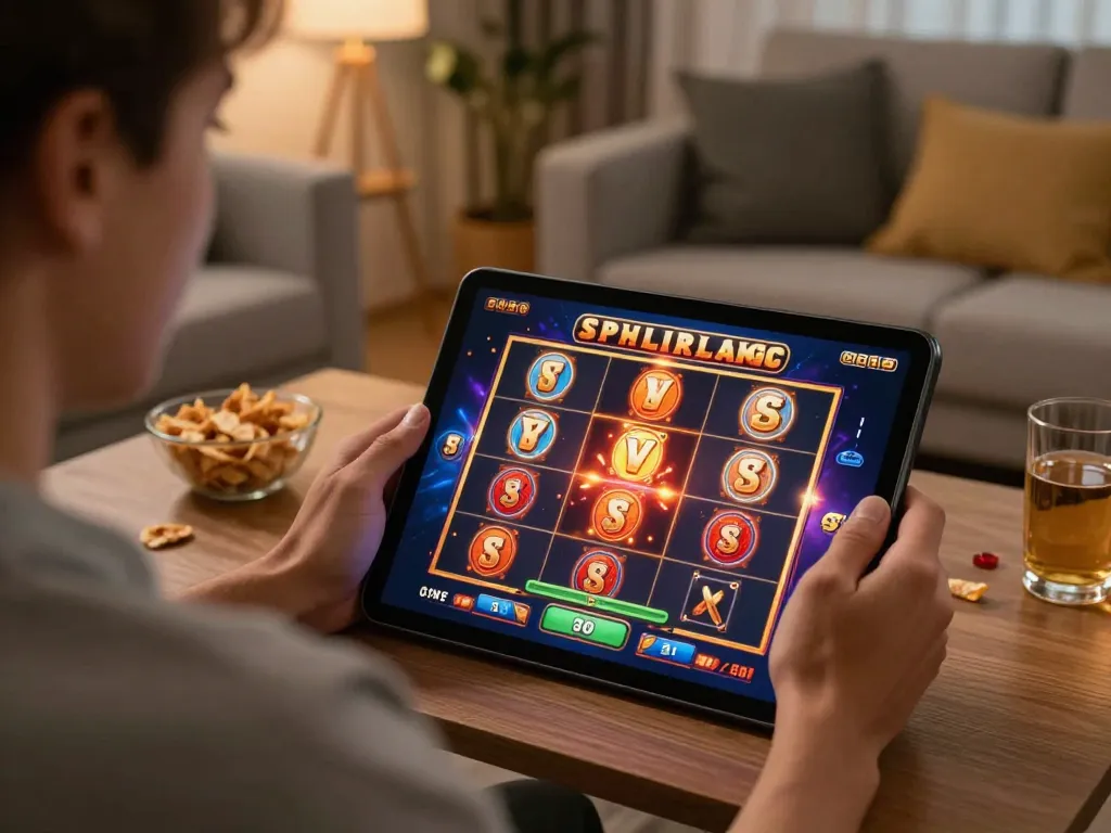 Engaging in slot deposit 2rb gameplay excitement on a tablet at home with cozy atmosphere.