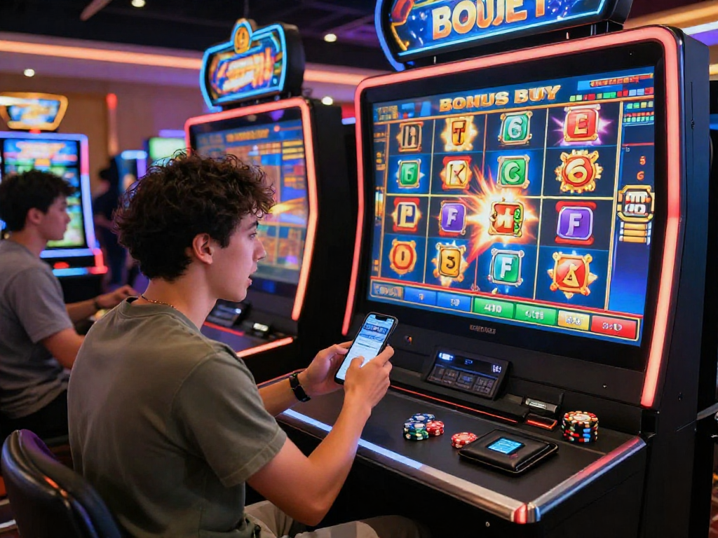 Excited player engaging with bonus buy slots uk in vibrant online casino atmosphere with colorful graphics.