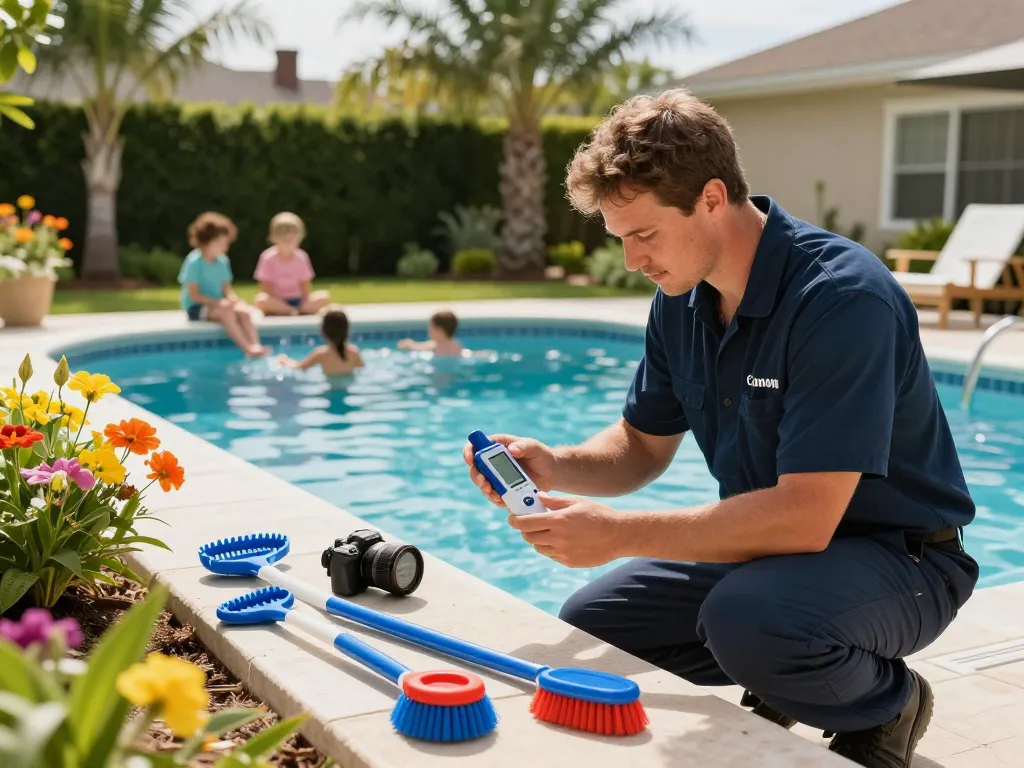 Dolphin Pool Services technician testing pool water quality in vibrant backyard