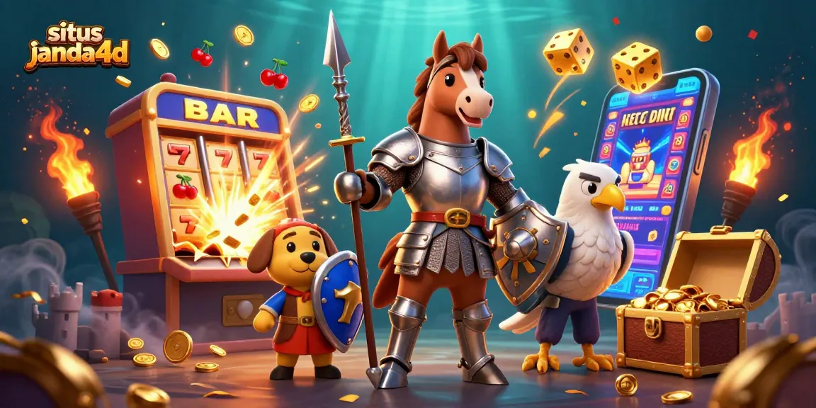 Situs janda4d menghadirkan ilustrasi ksatria abad pertengahan, anak anjing squire, dan falcon di tengah mesin slot mewah.
