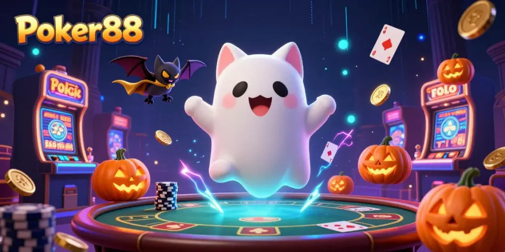 Experience Poker88 with a friendly ghost cat and vibrant game elements in a captivating casino atmosphere.