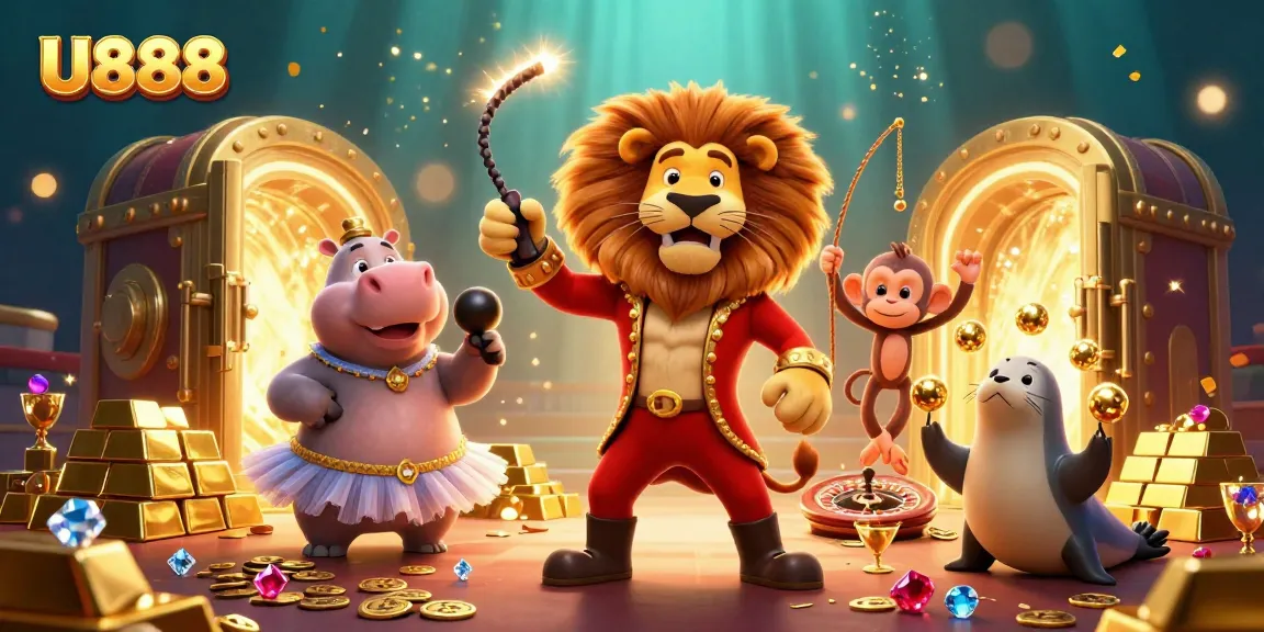 Engage with U888's vibrant casino scene featuring lively characters amidst gold treasures and thrilling games.