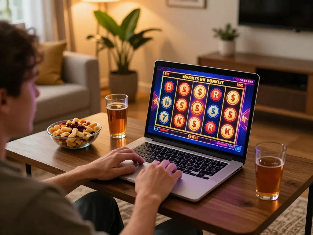 Nk88 player enjoying thrilling slot games in cozy home gaming setup with vibrant atmosphere.