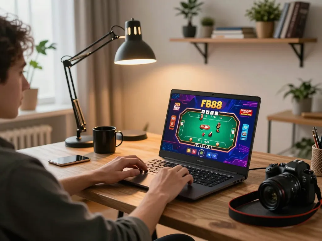 Engage in thrilling poker at home with fb88 casino games on a laptop in a cozy setting.