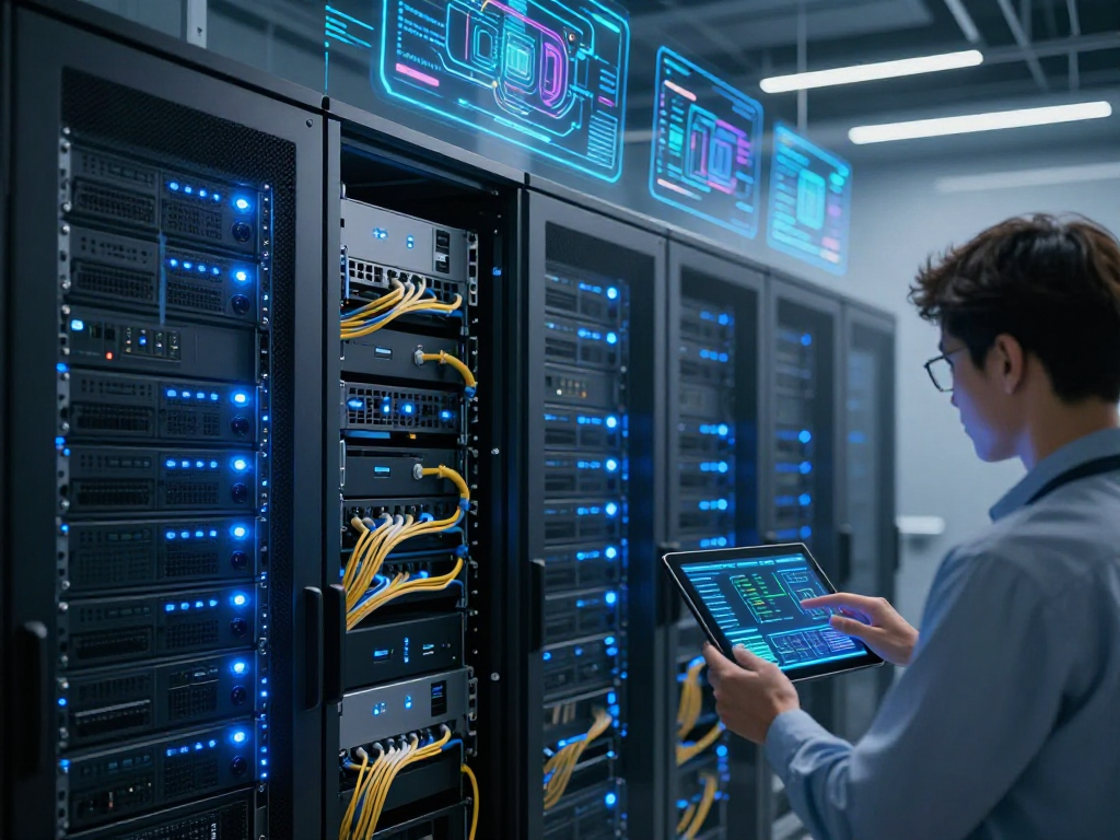 IPTV reseller digital platform in a modern data centre with servers and analytics.