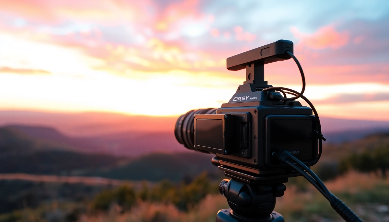 Cinematic video production captured by a filmmaker during sunset in lush landscape.