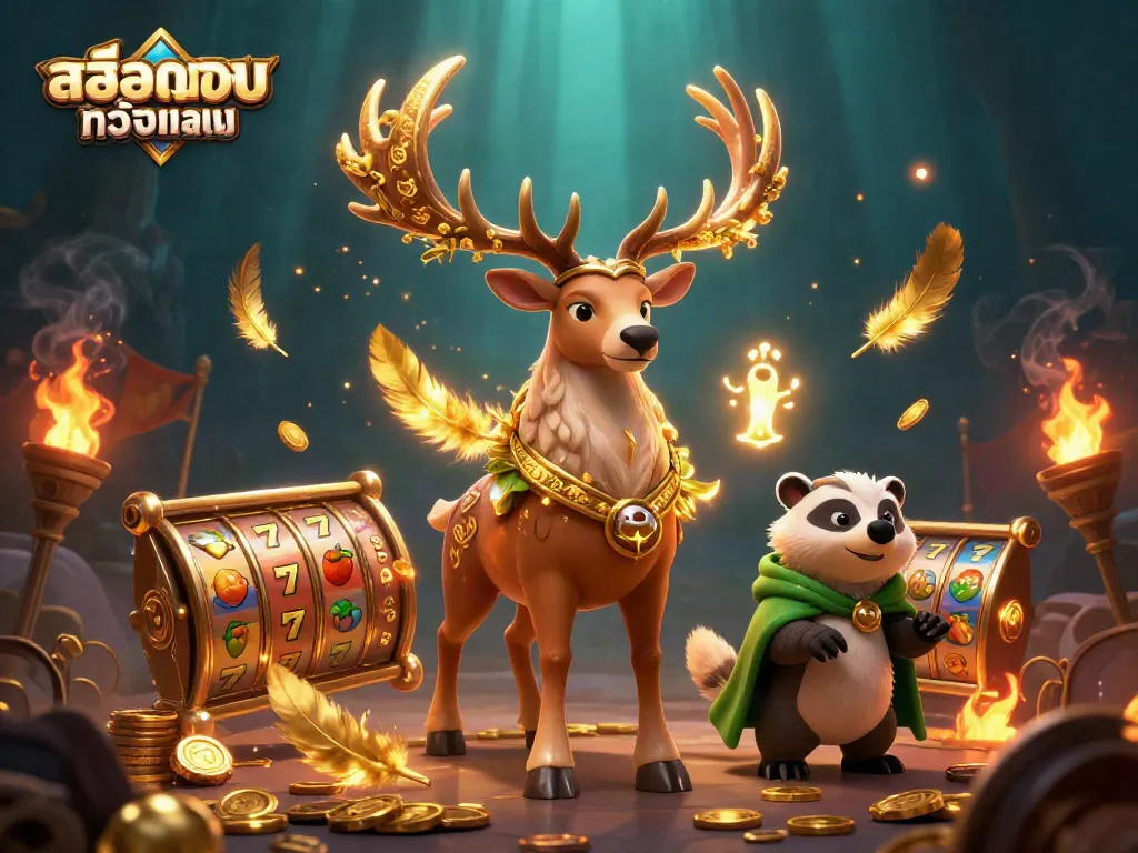 Engage with สล็อตเว็บตรงทั้งหมด in a vibrant casino scene featuring a druid stag and illuminated slot reels.