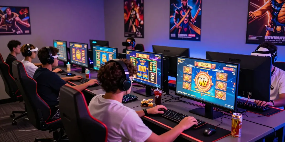 Gamers engaging with situs slot online games in a modern gaming setup with colorful LED lighting.