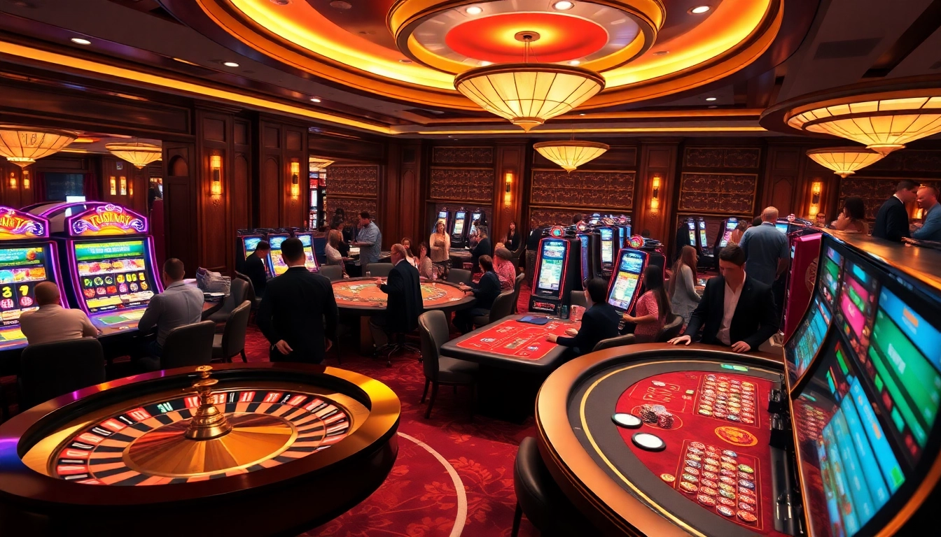Feel the excitement of kpi4d as players engage in lively casino games surrounded by luxury and vibrant slot machines.