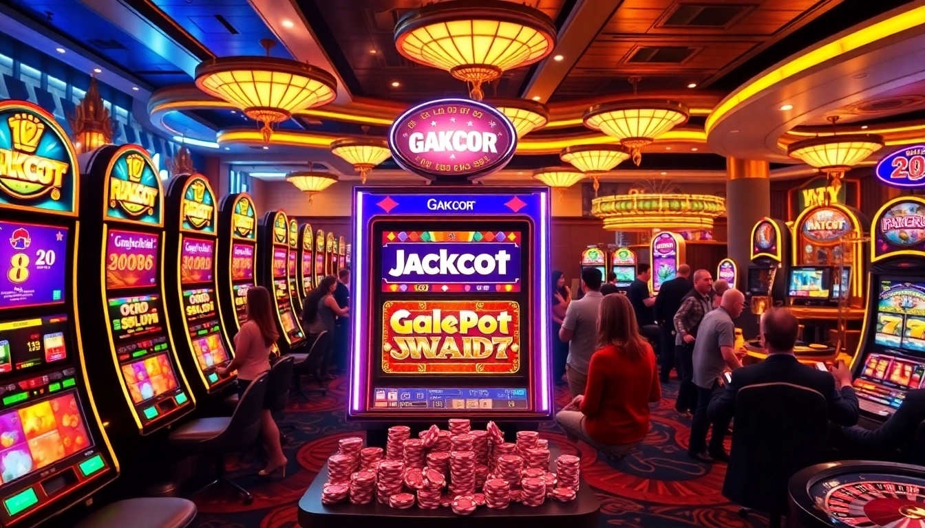 SLOT GACOR players winning at a modern casino, with vibrant slot machines and excitement.