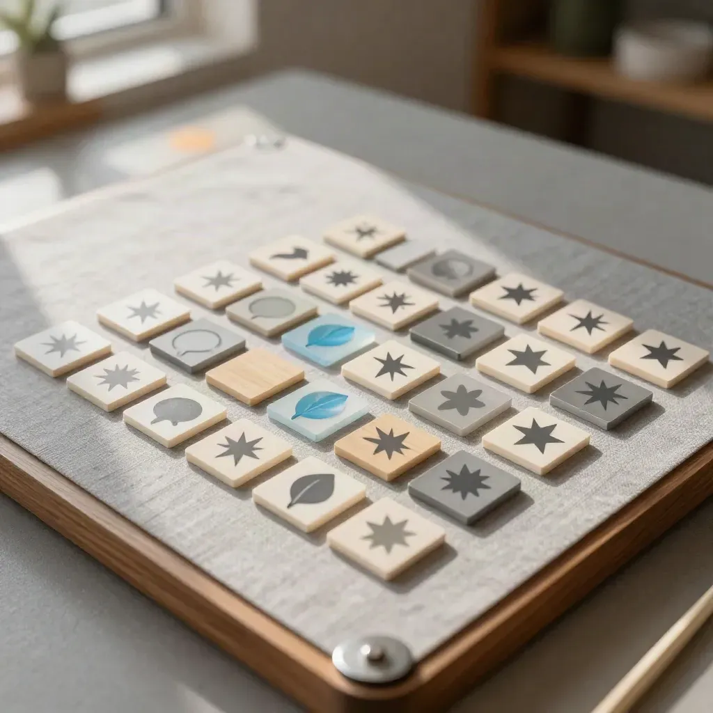 Tiny paper and acrylic icon tiles in spark, speech bubble, leaf and star shapes on linen.