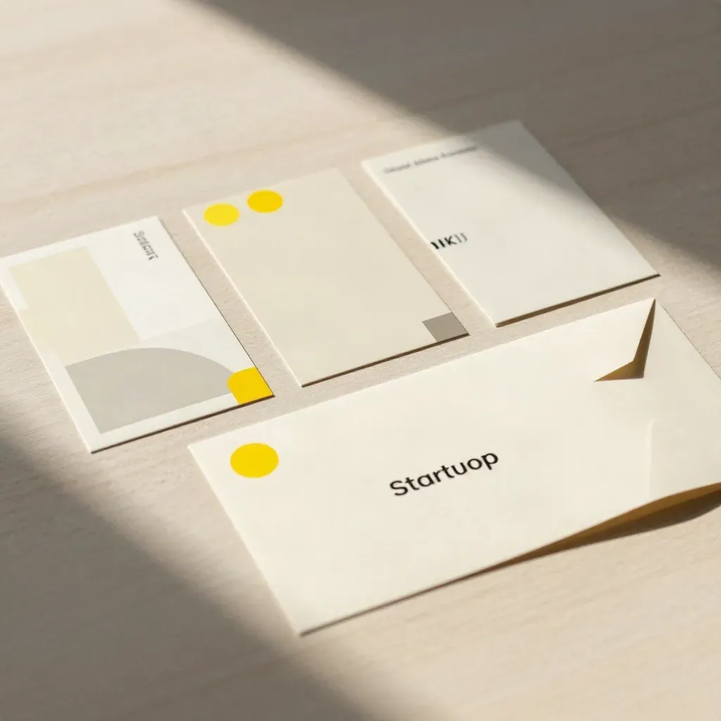 Overhead of a startup brand kit with cards, color chips, and a folded mailer on pale wood.