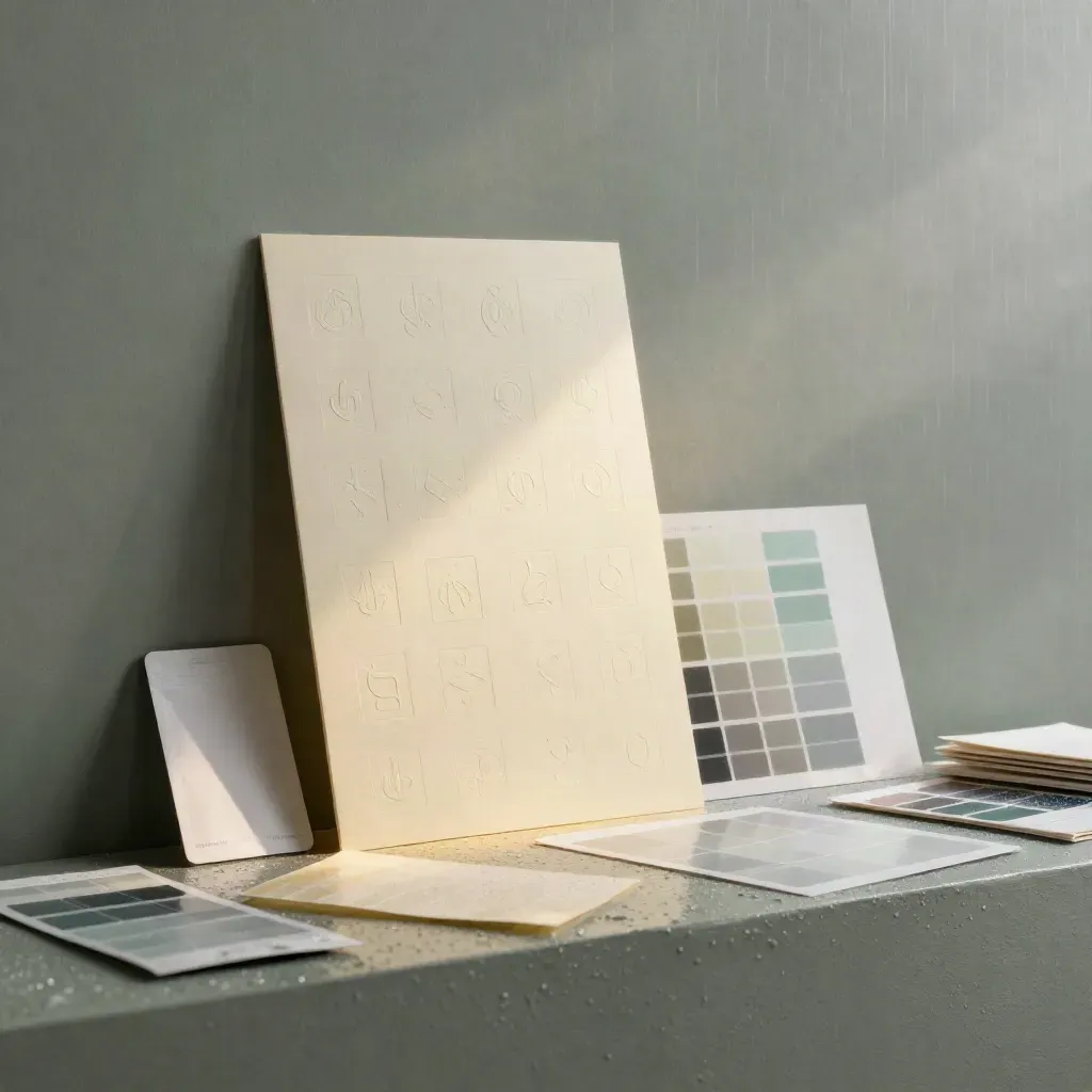 Layered cream artboards, logo marks, swatches and packaging proofs in dawn mist with yellow accents.