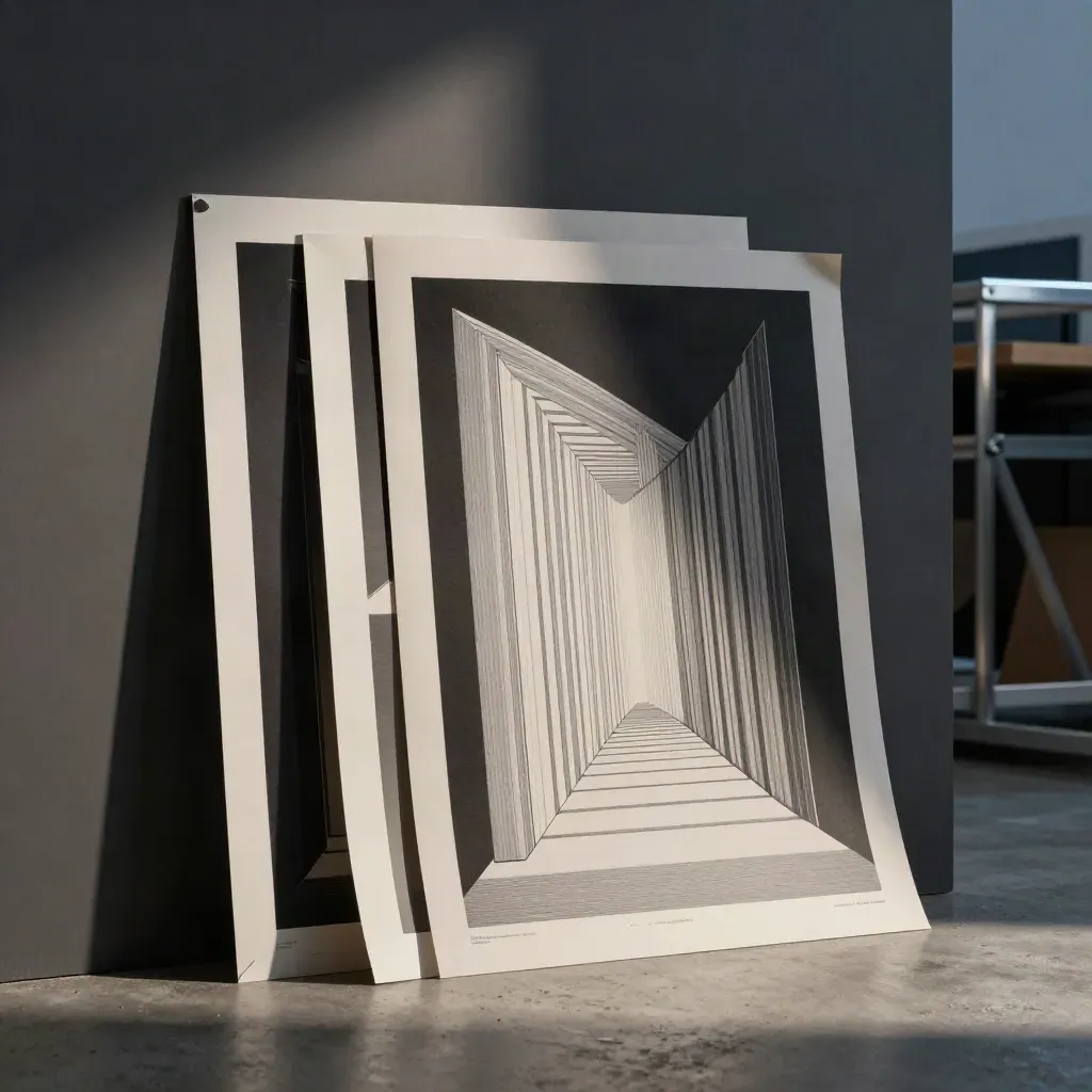 Stacked poster proofs against a graphite board in a moody print studio