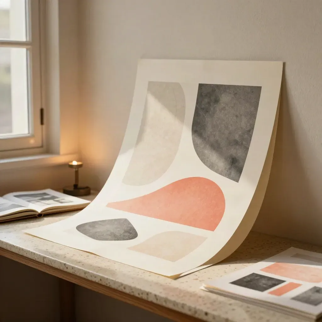 Editorial cover proof with layered sheets and sketch pad in warm window light.