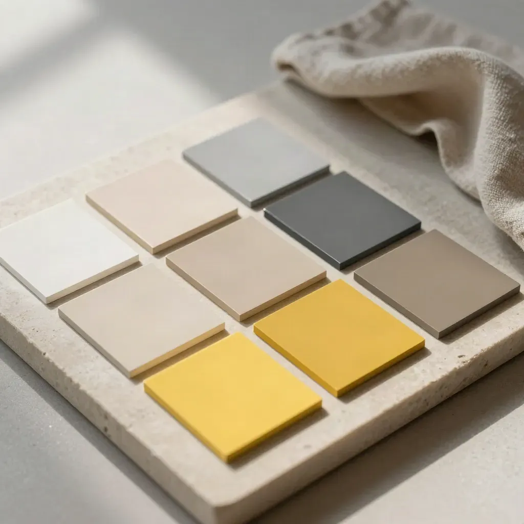 Top-down spectrum of paint chips and material swatches on stone beside folded linen.
