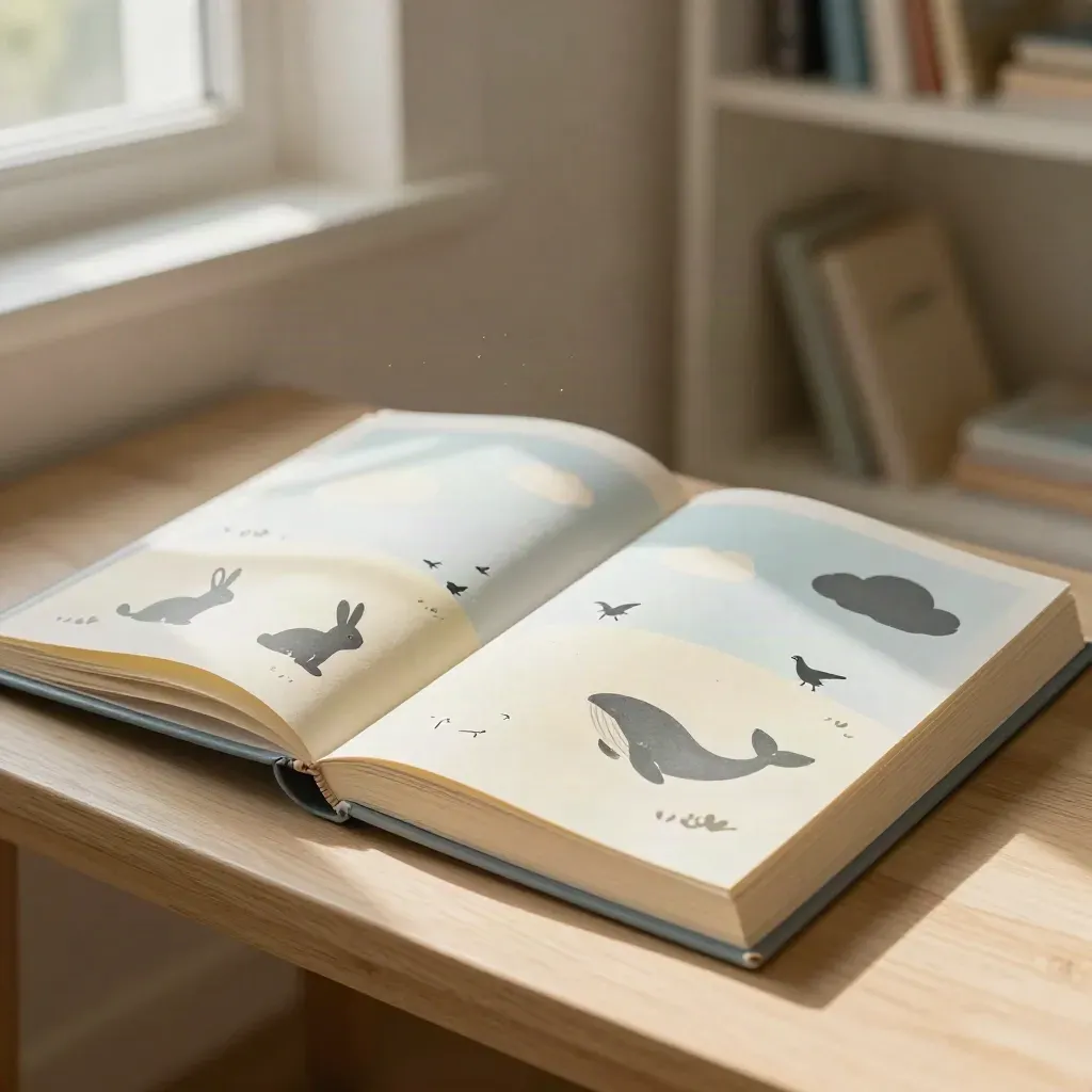 Mid-flip kids book spread with paper-cut clouds, animals, and sky-blue scenes in dramatic light.