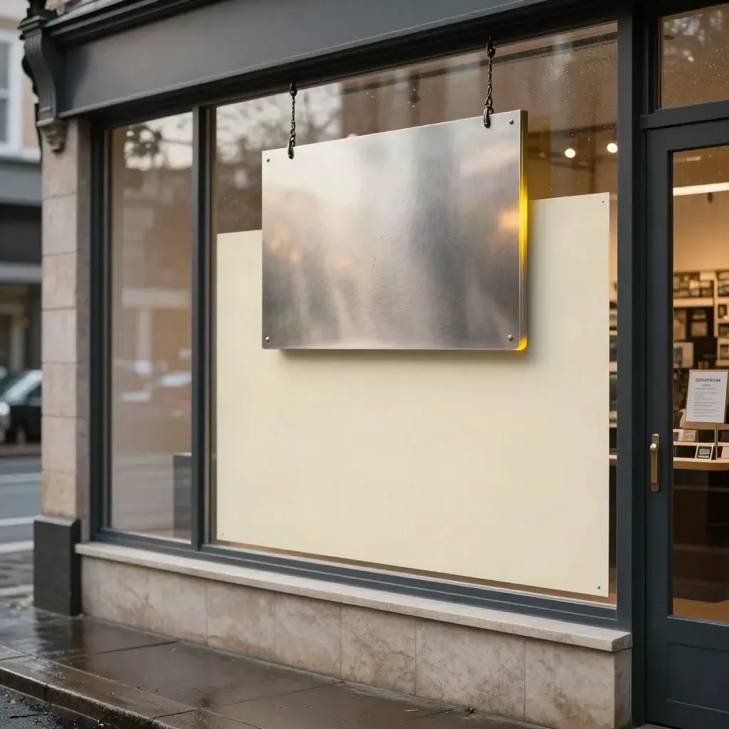Storefront window sign mockup at dusk with vinyl film, hanging sign, and a yellow accent