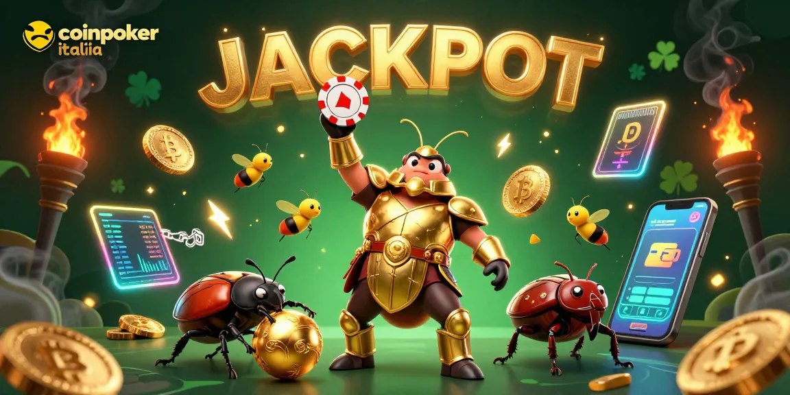 Gioca su CoinPoker Italia con il nostro eroe che festeggia una vittoria con chips e criptovalute.