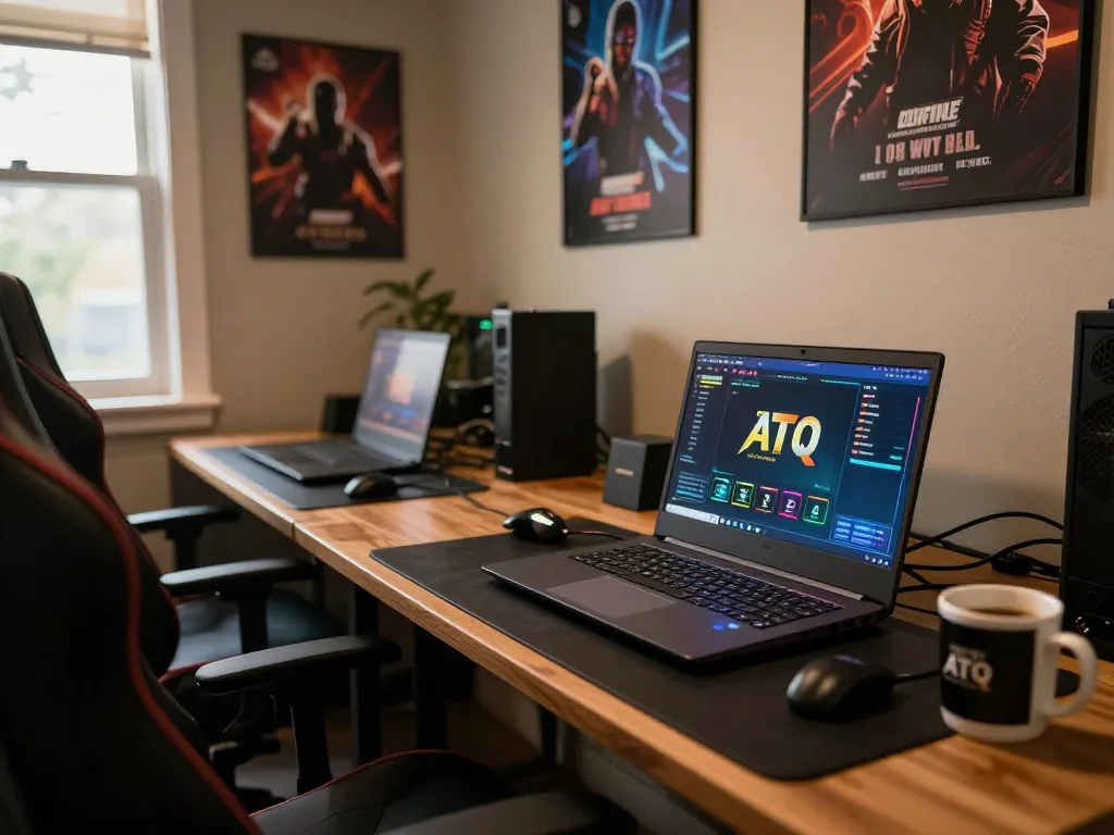 Dynamic online gaming experience at tập đoàn ATQ with a professional setup showcasing a laptop and engaging interface.