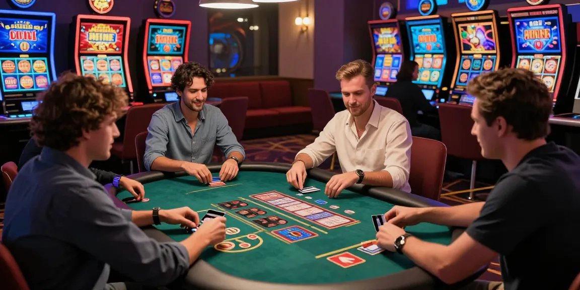 Casino players engaging in live dealer games with credit card deposits at https://iis.org.uk, showcasing an exciting online gambling atmosphere with vibrant decor.
