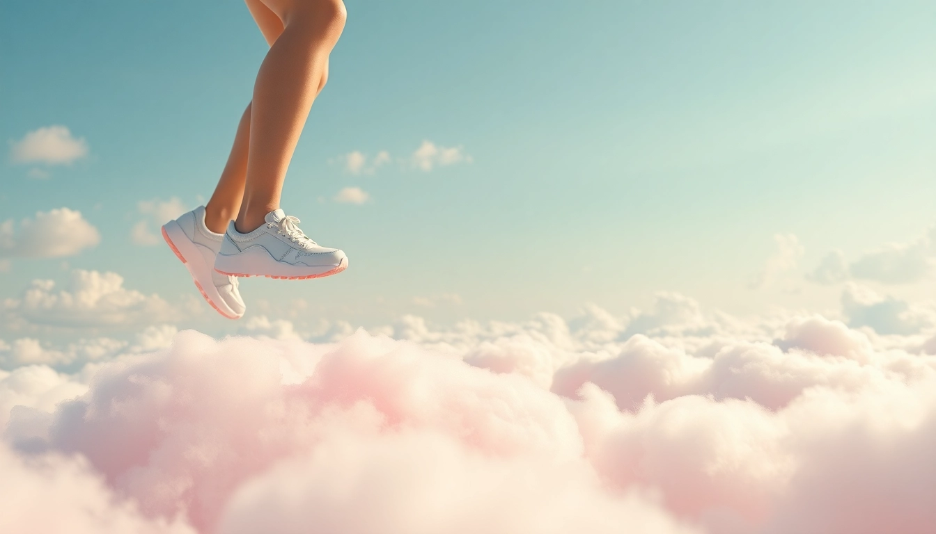Walking on Clouds with a joyful person in stylish footwear, surrounded by colorful clouds in a clear sky.