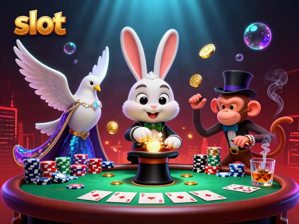 Slot mengilhamkan keberuntungan dengan kartu poker, koin emas, dan karakter ceria dalam suasana kasino.