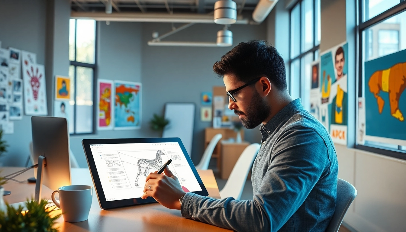 Image to prompt generation scene illustrating a designer creating AI prompts with vibrant artworks.