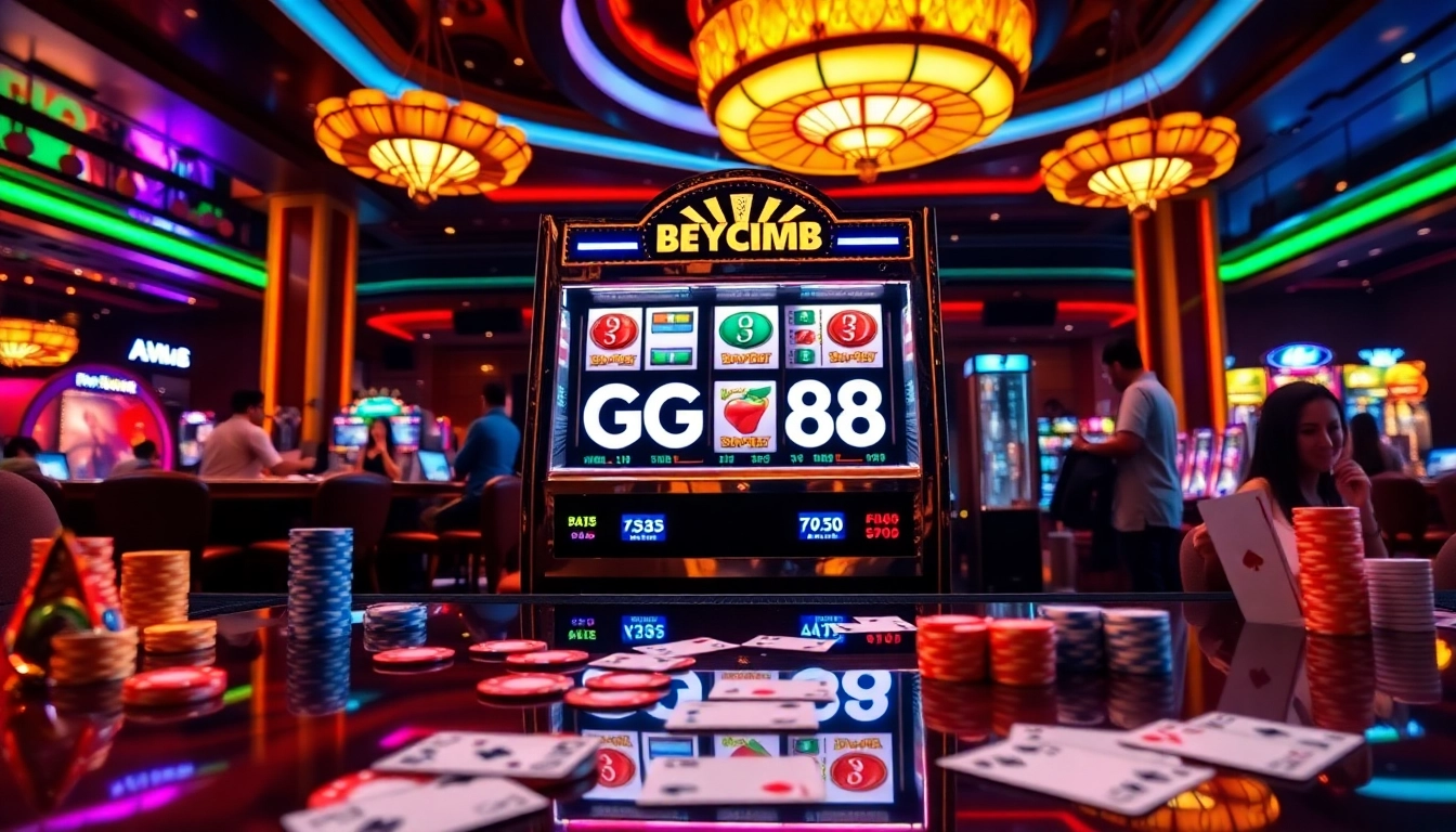 Excited gamblers engaging with the GG88 branded slot machine in a vibrant casino atmosphere.