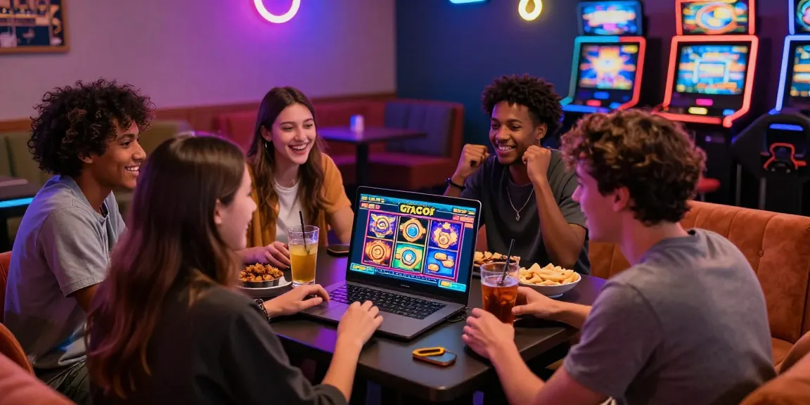 Exciting gaming lounge with friends enjoying slot gacor online experience.