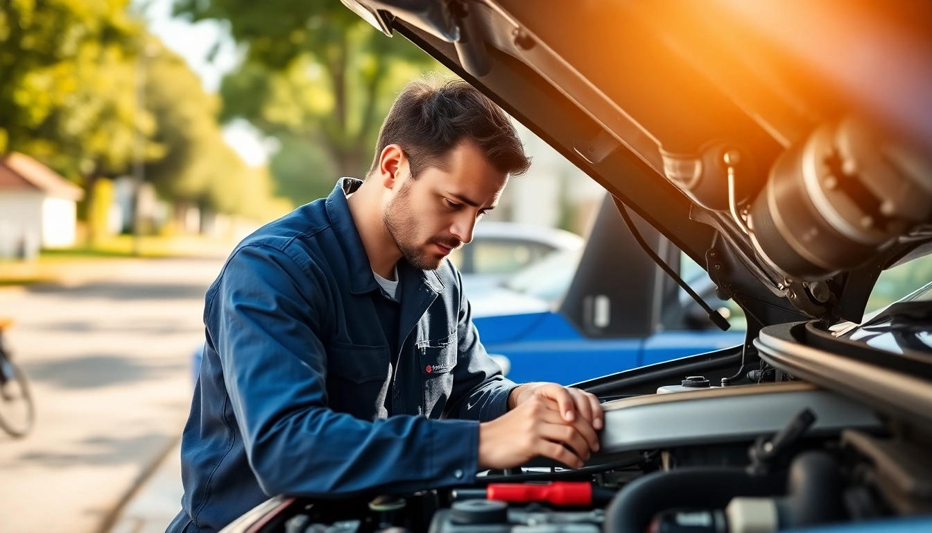 Mobile car repair technician expertly fixing a vehicle in a bright outdoor setting.
