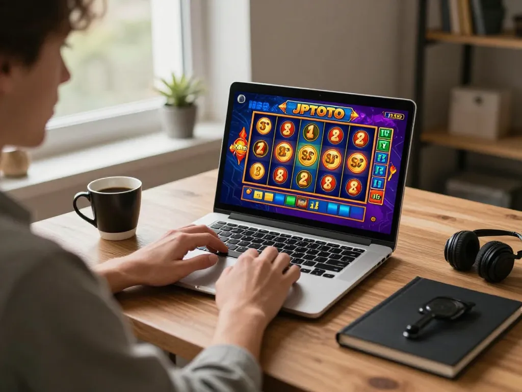 Engaging online gaming moment at JPTOTO with vibrant slot graphics and cozy workspace.