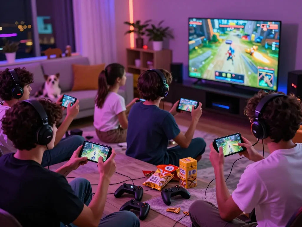 Gamers enjoying autowin88 mobile games in a lively living room atmosphere with snacks and LED lights.