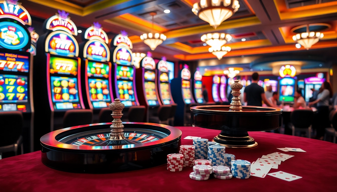 Players enjoying thrilling slot 777 games at a vibrant casino, creating excitement.