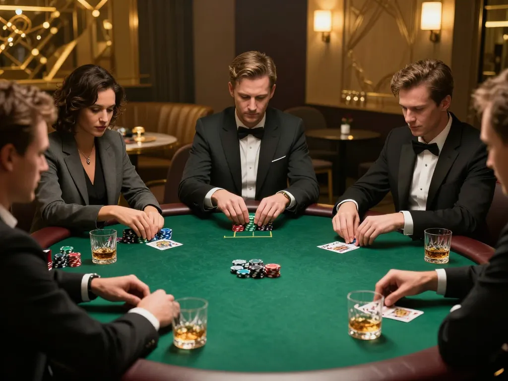 Players engaging in a high-stakes poker game at BK8's exclusive VIP room, showcasing strategy and excitement