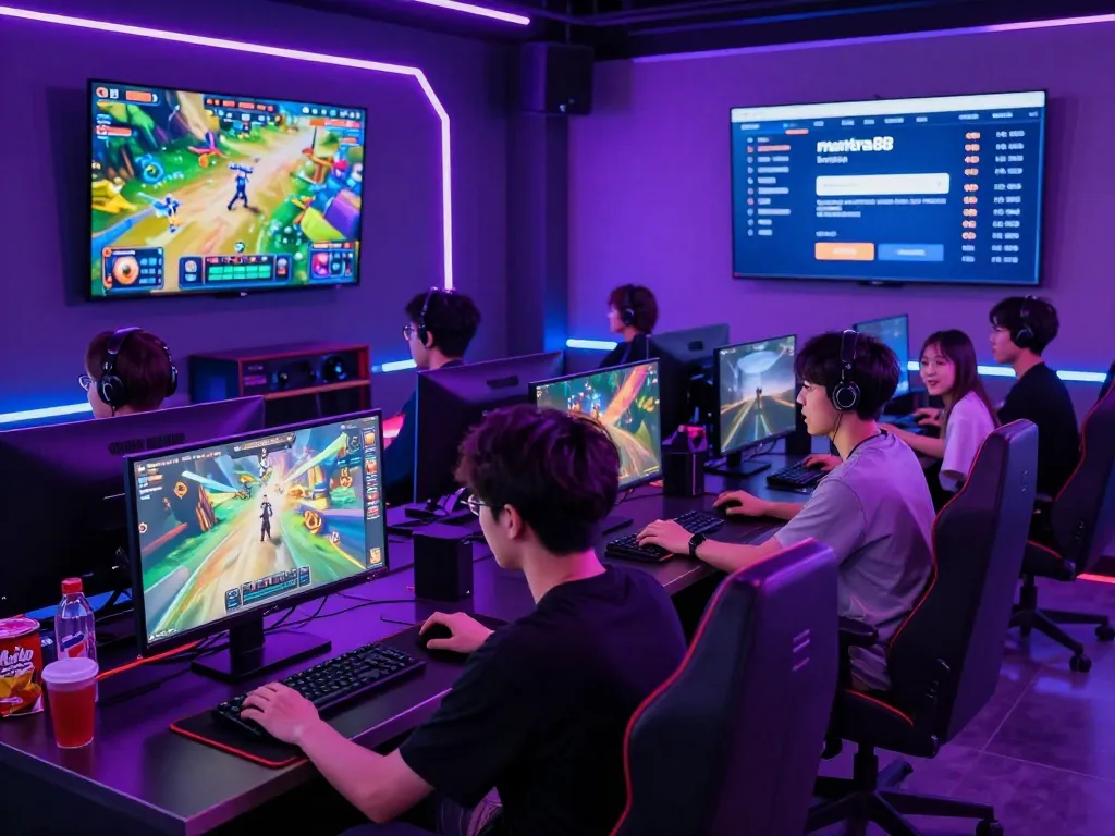 Mantra88 login scene with gamers enjoying online games in a vibrant neon atmosphere, showcasing excitement and engagement.