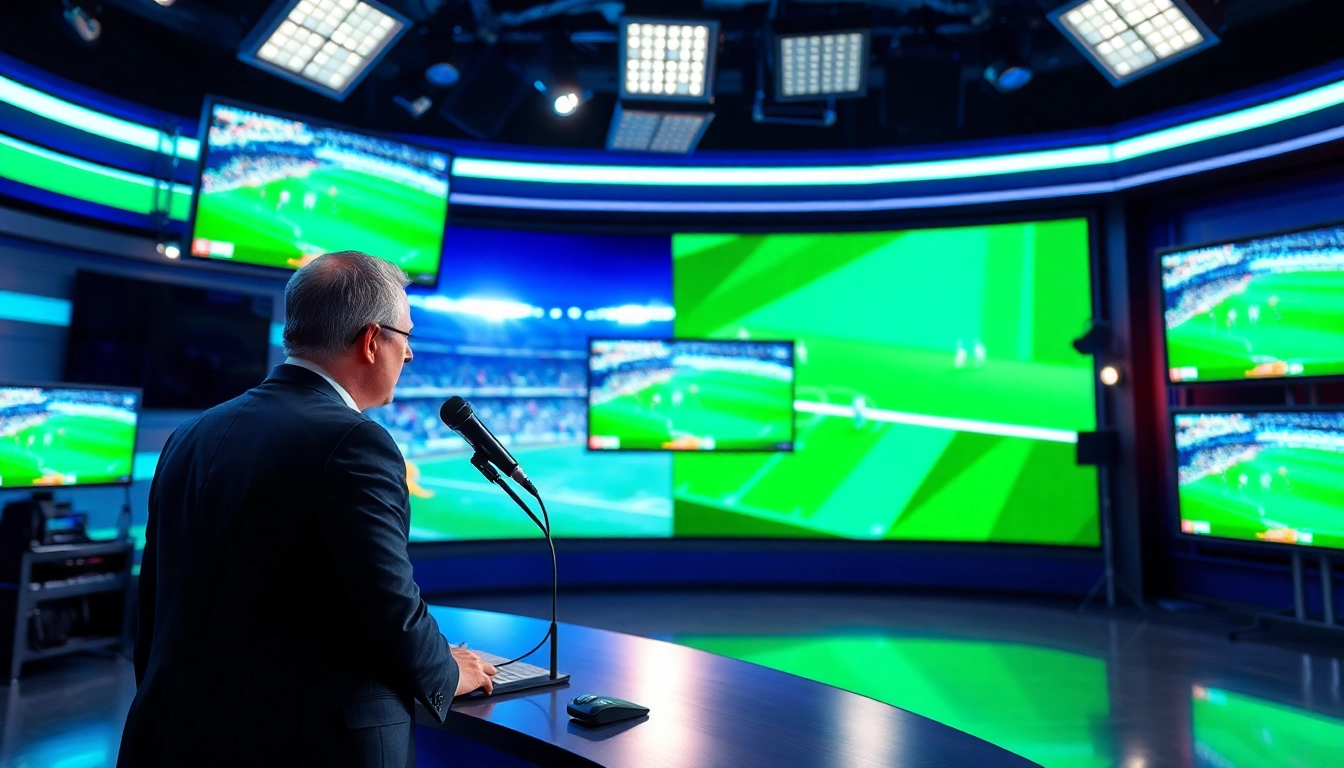 Engaging sports broadcasting setup with live game footage showcasing innovation in the industry.