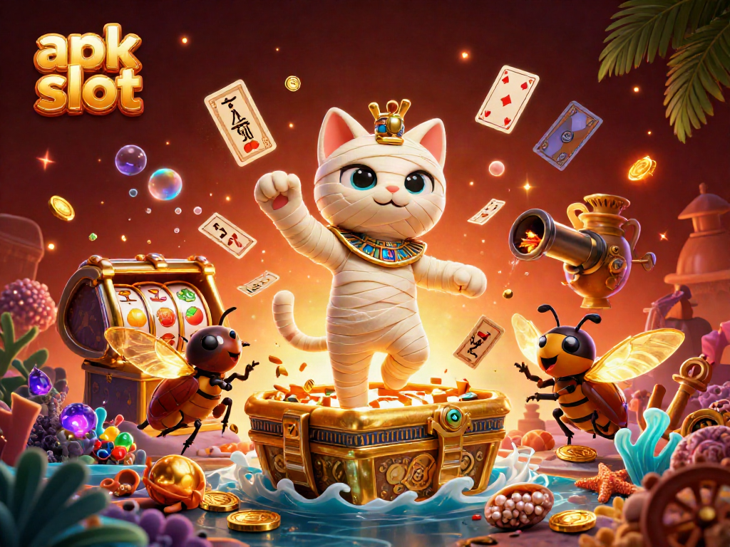 Play the exciting apk slot game with a mummy cat and treasures in a vibrant casino scene