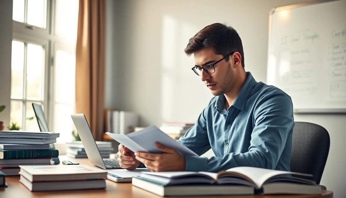 Engaged student studies to pass IT certification exams, surrounded by books and notes in a bright workspace.