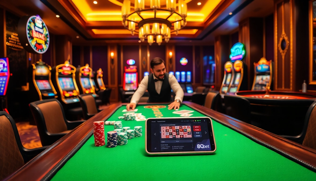 High-stakes poker game scene showcasing 8qbet with vibrant casino elements.