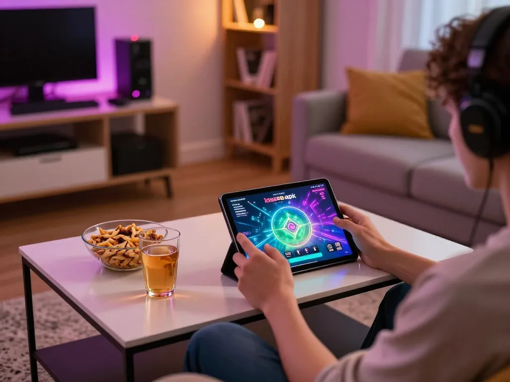 Kiss918 apk player enjoying an exciting game on a tablet in a cozy home setting