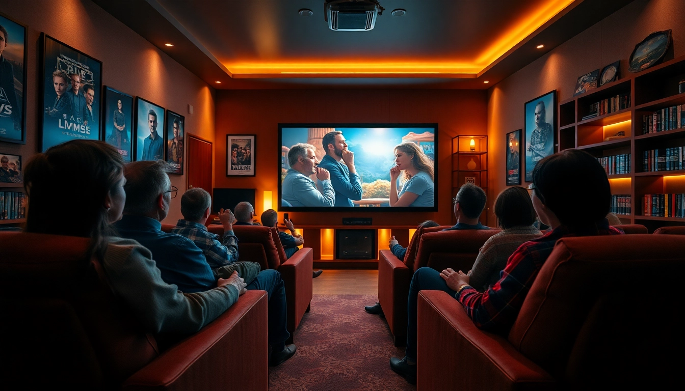 Enjoy ดูหนังออนไลน์ in a cozy home theater with friends watching an exciting movie.