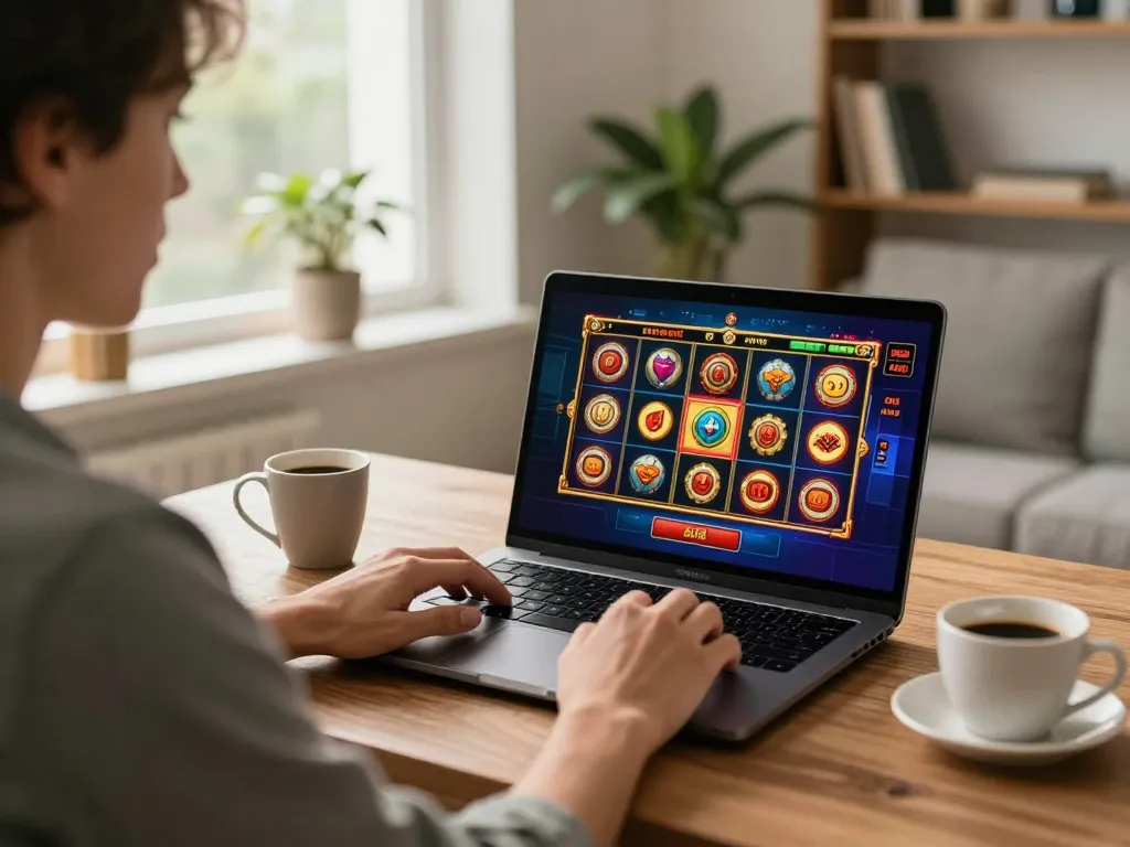 Engaging in online casino gameplay at https://m-100cuci.net/ showcasing vibrant slots on a laptop.