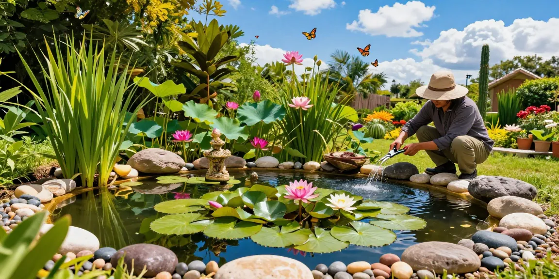 Pond plants thriving in a vibrant garden, including water lilies and lotus flowers, with a gardener tending to them.