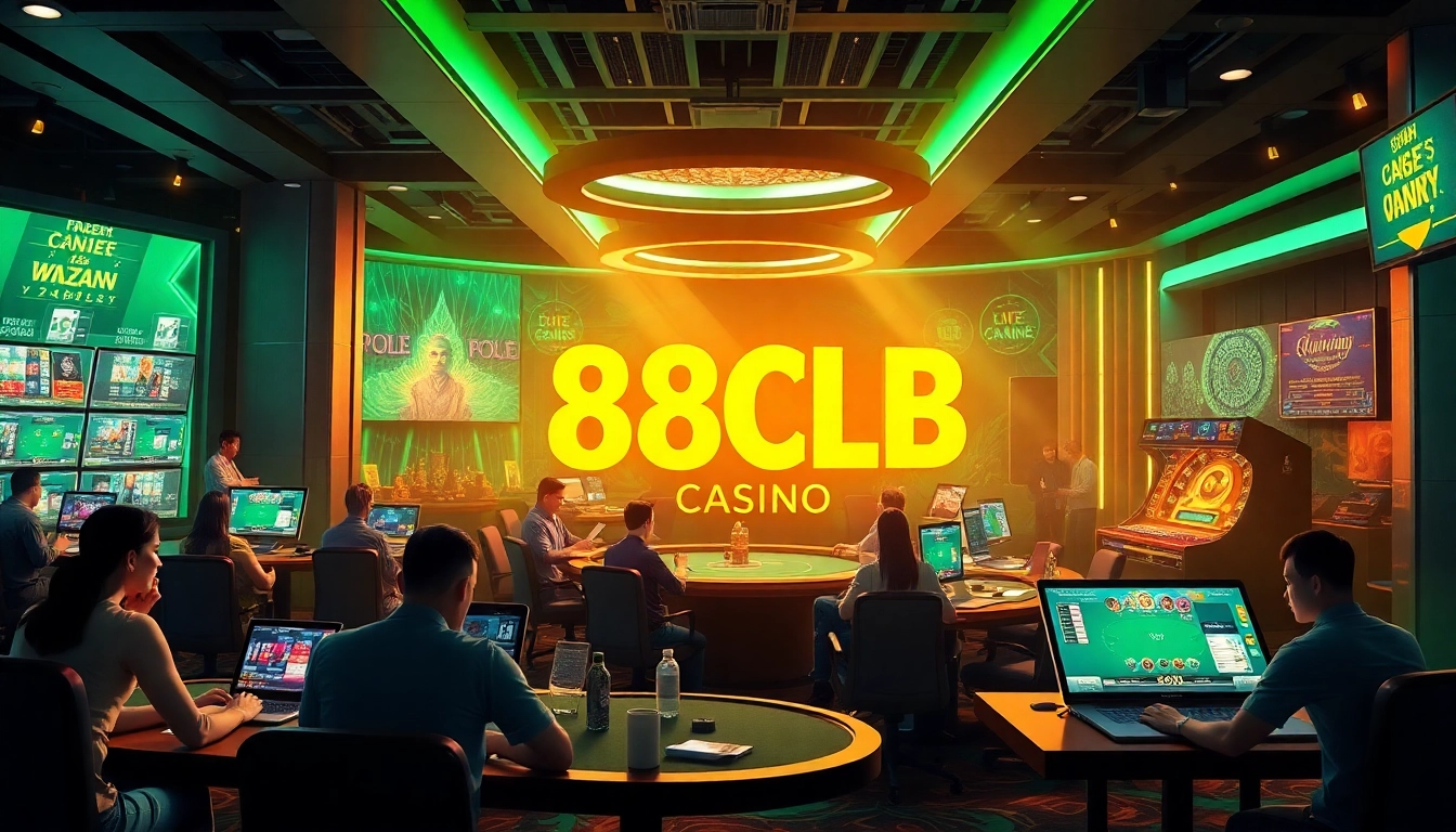 Experience the thrill of online gaming with 88clb in a vibrant casino environment featuring players engaged in various games.