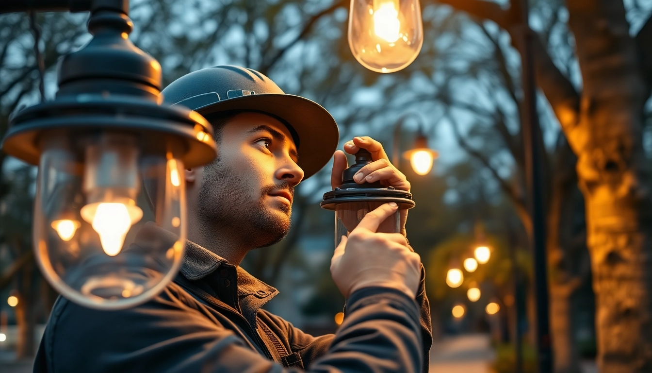 Providing expert edmonton lighting maintenance with close-up of an electrician adjusting outdoor park lights.