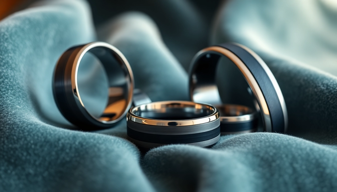 Stunning tungsten rings highlighting their durability and shine, arranged elegantly on a velvety backdrop.