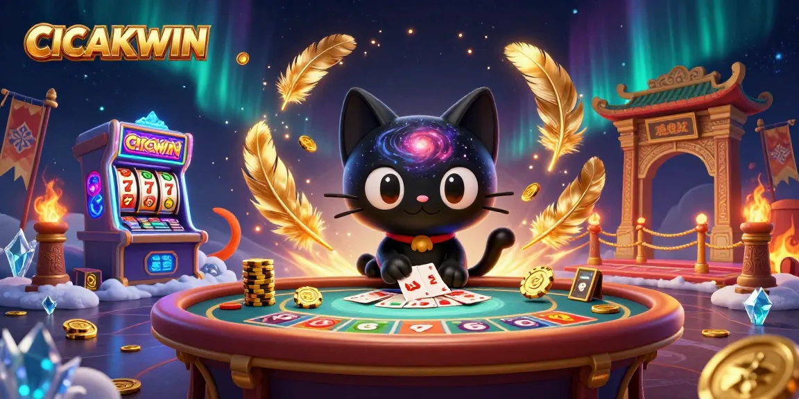 CICAKWIN engages players at a vibrant cosmic casino table, surrounded by dynamic slot gaming elements.